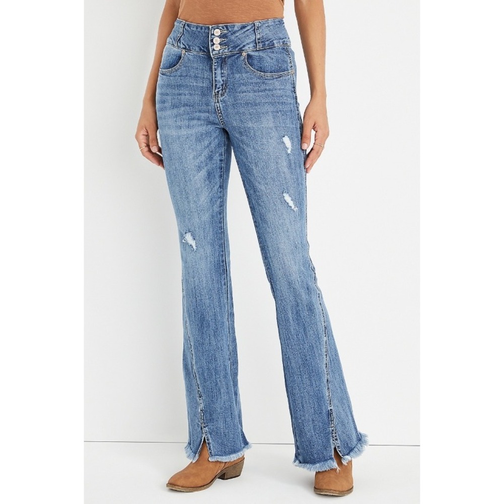 KANCAN High Rise Triple Button Flare Jeans‎ Distressed Raw Hem Blue Sz 3/25